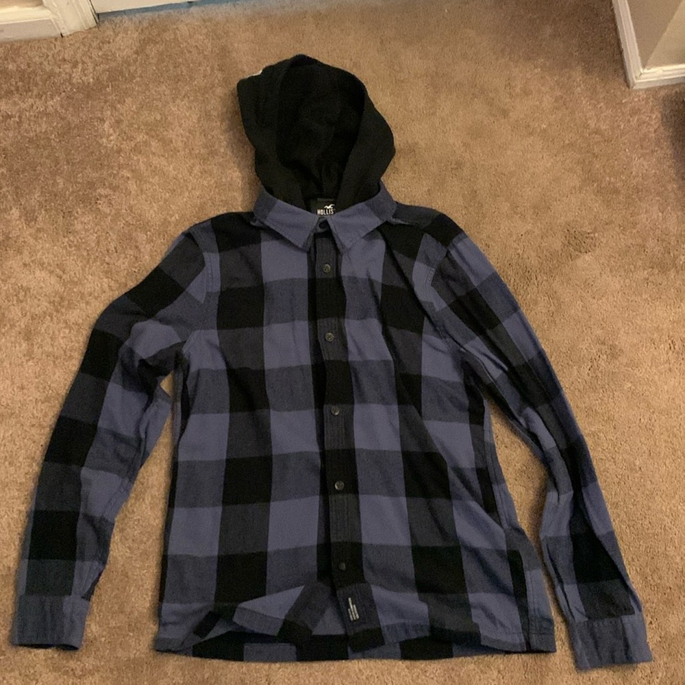 Hollister Men’s Sized Medium Blue/Black Long Sleeve Hoodie Flannel